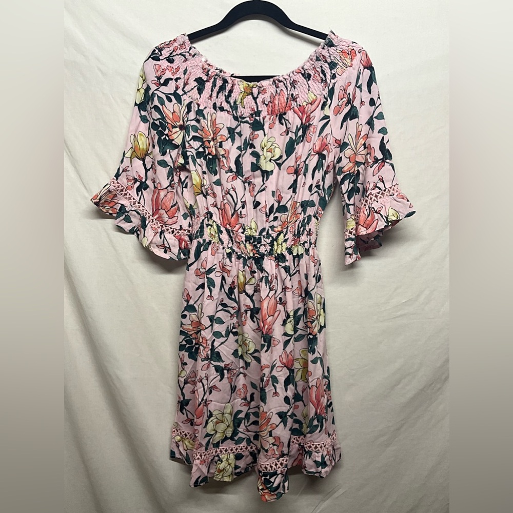 Lulu's Pink‎ and Blue A-line Midi Sundress with Ruffled Sleeves